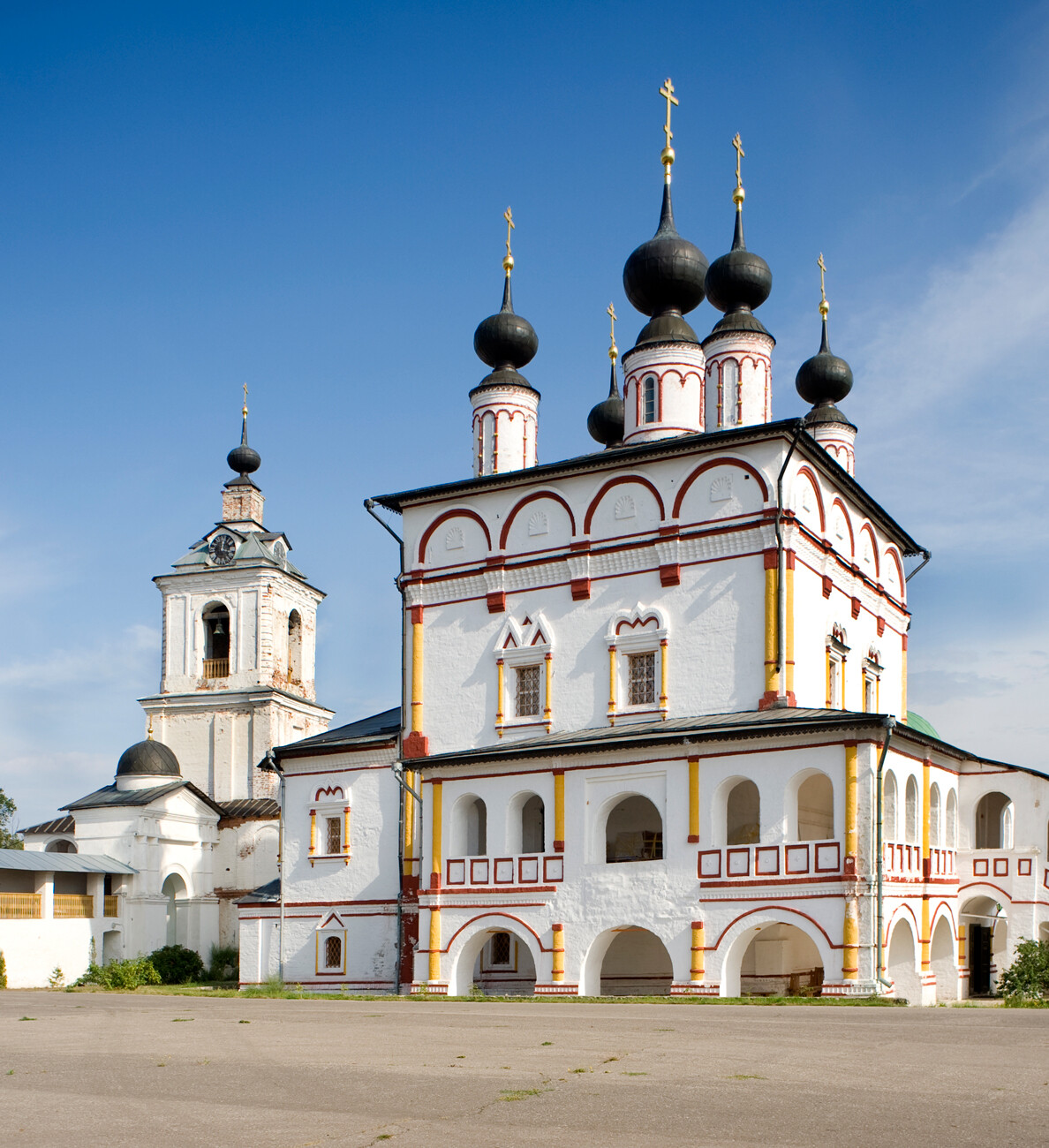 Trinity Belopesotsky Monastery, Church of St. Nicholas with bell tower above, west view. August 4, 2012