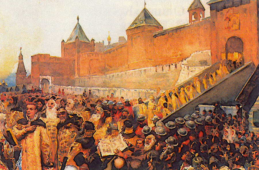 Klavdy Lebedev. False Dmitry entering Moscow on June 20th 1605, 1890s