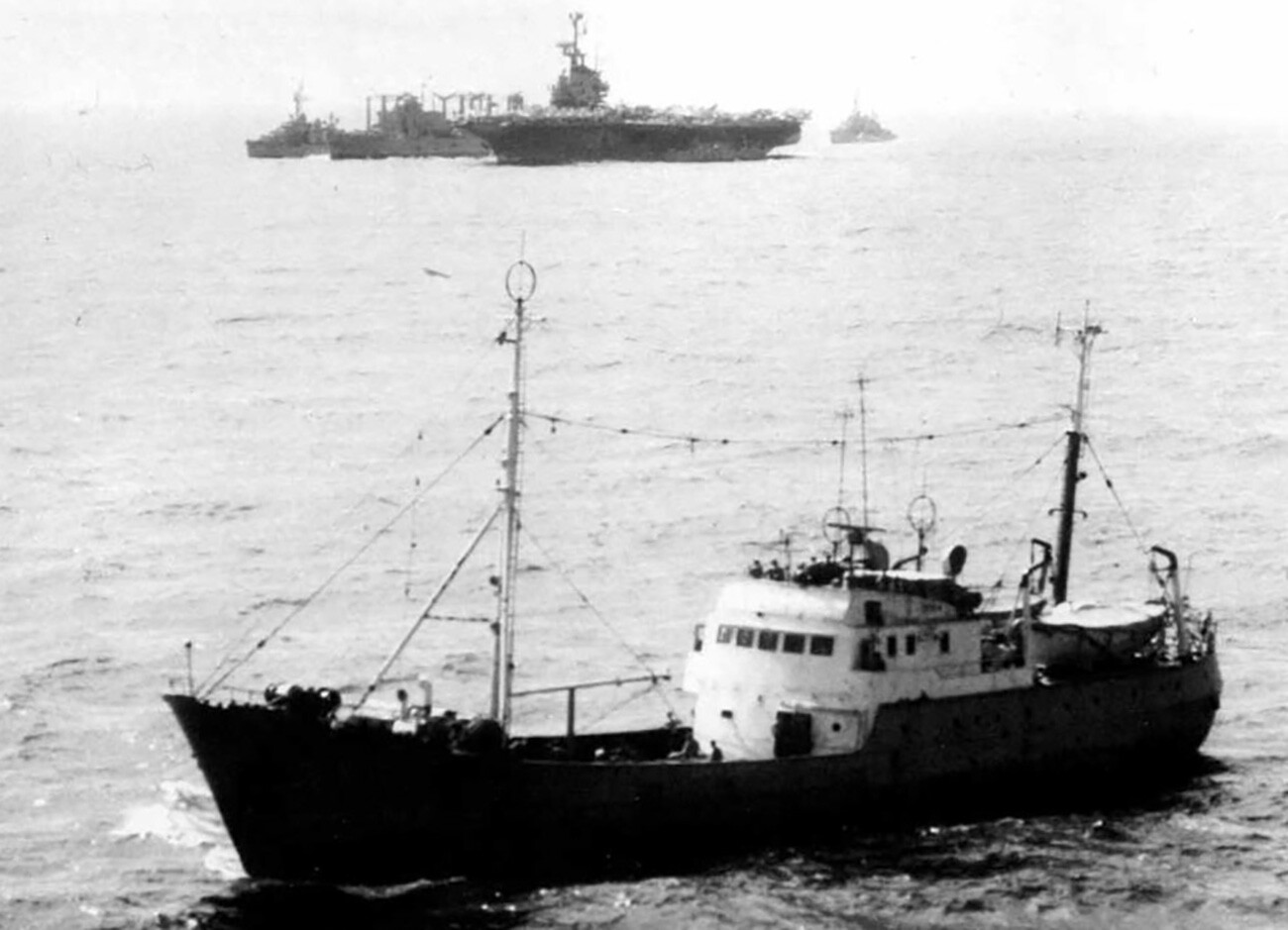 A Soviet spy ship near the U.S. aircraft carrier.