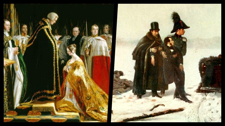 Queen Victoria Receiving the Sacrament at her Coronation, 28 June 1838 by Charles Robert Leslie / Duel of Pushkin and Georges D'Anthes. By A. Naumov, 1884 