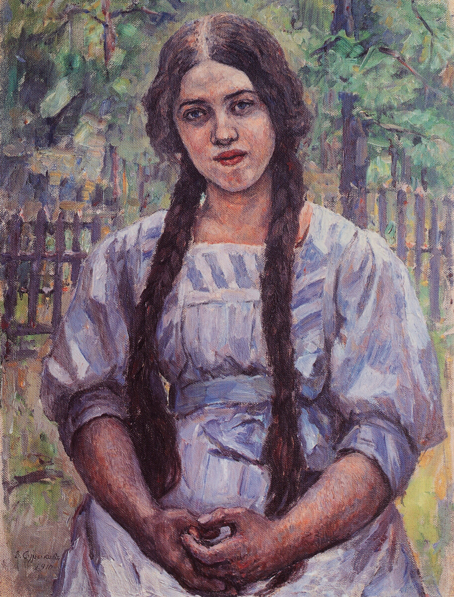 Girl with braids. Portrait of A.A. Dobrinskaya, 1910, Vasily Surikov