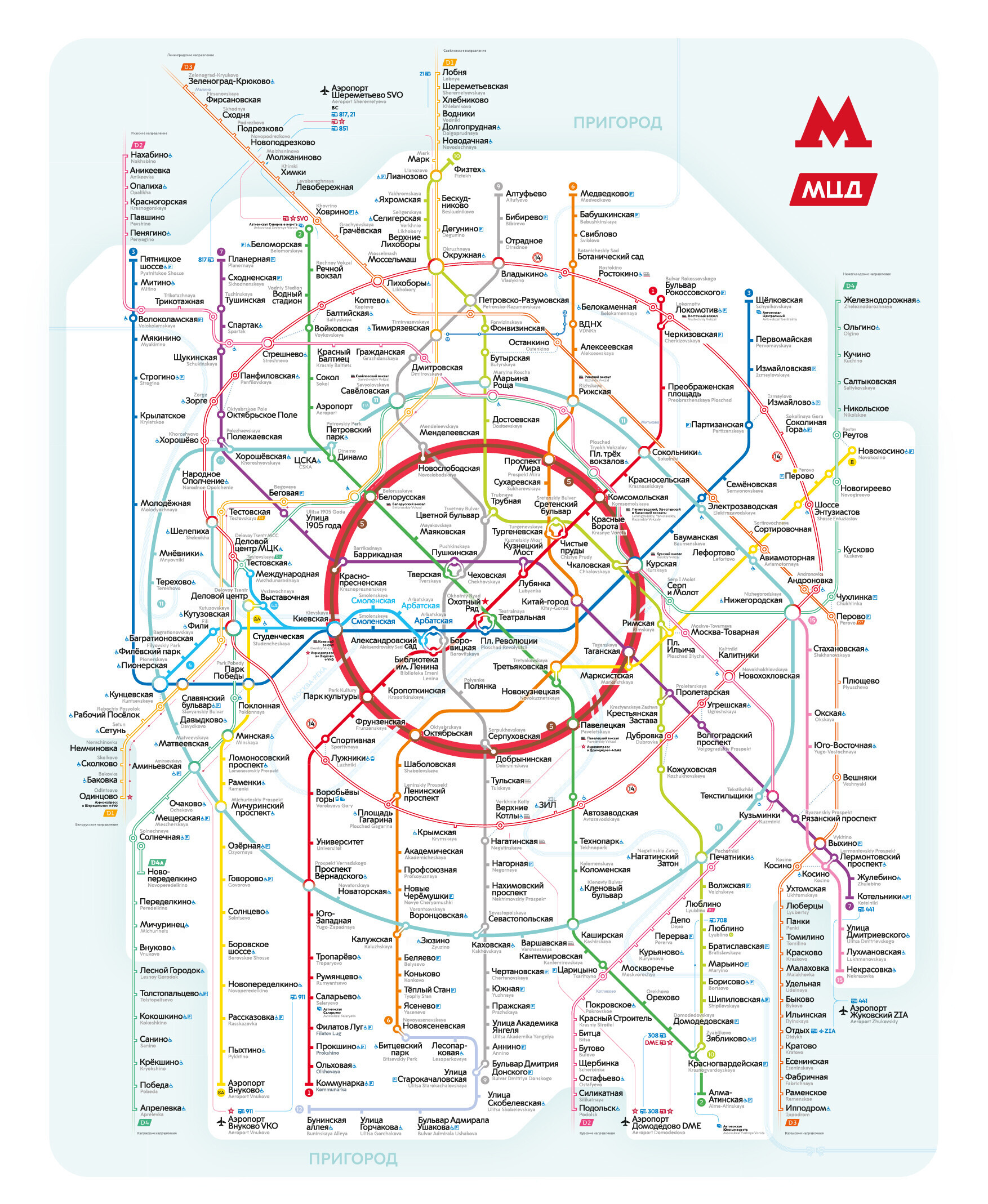 Mappa con evidenziata la Linea Circolare della metropolitana di Mosca (in russo: “Кольцевая линия”; “Koltsevaja linija”), nota anche come “linea marrone” e linea 5