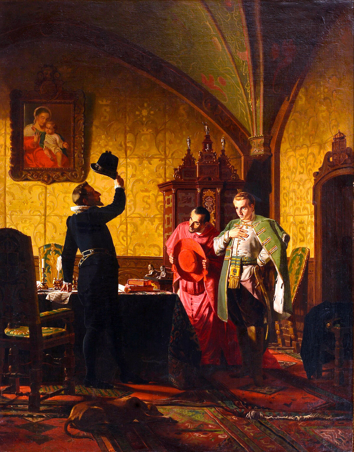 Dipinto di Nikolaj Nevrev, “Il Falso Dmitrij I giura a Sigismondo III di introdurre il cattolicesimo in Russia”, 1874
