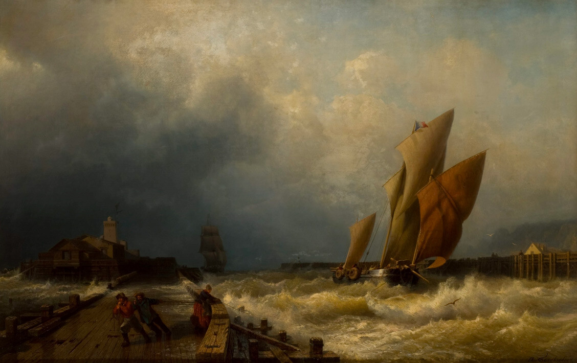 Entrée d'un bateau de pêche en pleine tempête dans le port de Saint-Valery-en-Caux, 1859