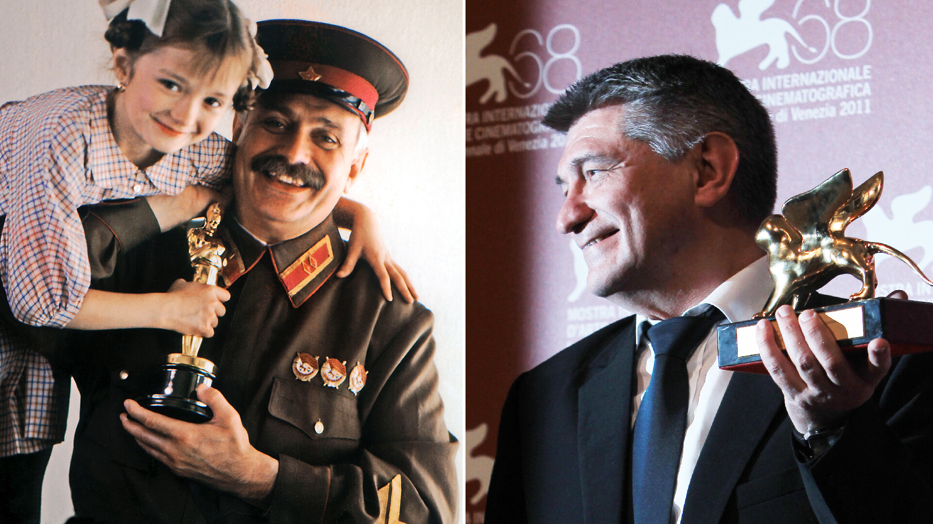 El director de cine y actor Nikita Mijalkov con su hija Nadia tras ganar el Oscar a la mejor película de habla no inglesa por su película 'Quemado por el sol'; el director de cine Alexánder Sokúrov, ganador del León de Oro por su película 'Fausto'.