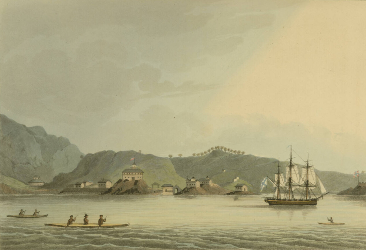 Sankt Pável, emplazamiento de la actual Isla de Kodiak que se convirtió en el centro ruso de comercio de pieles, 1814. 
