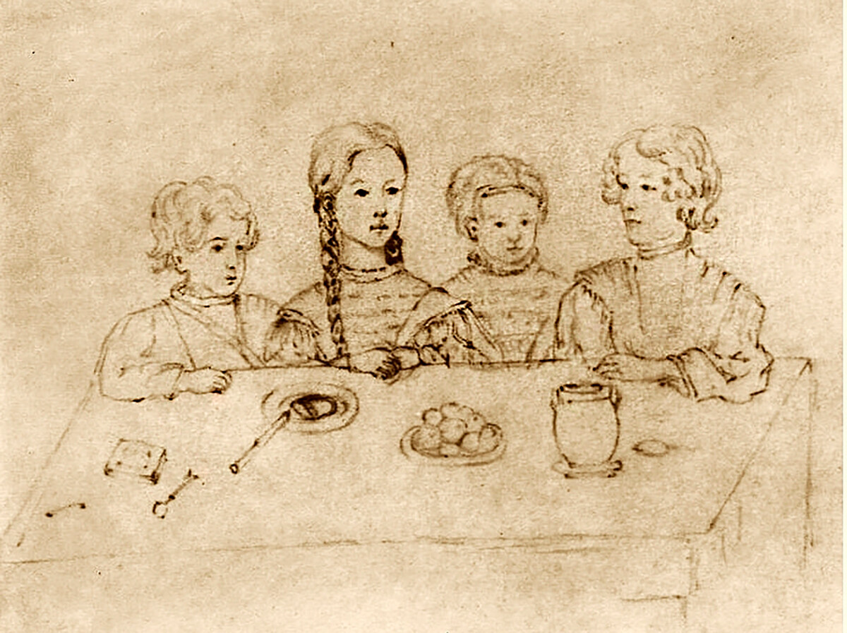 Н. I. Friesengof. Otroci Aleksandra Puškina. 1839. Risba.