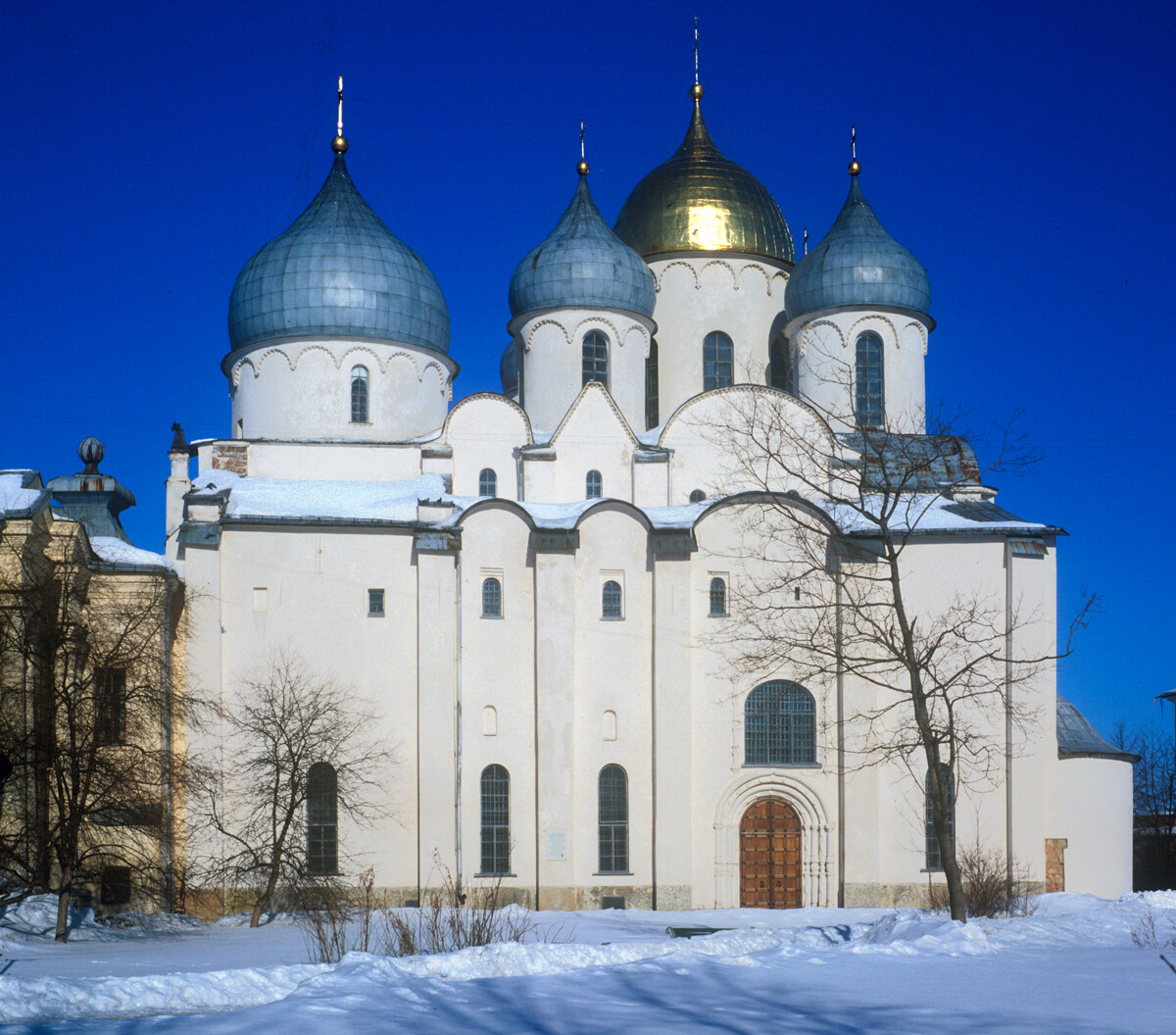Novgorod the Great (Veliky Novgorod). Cathedral of St. Sophia, south view. March 14, 1980
