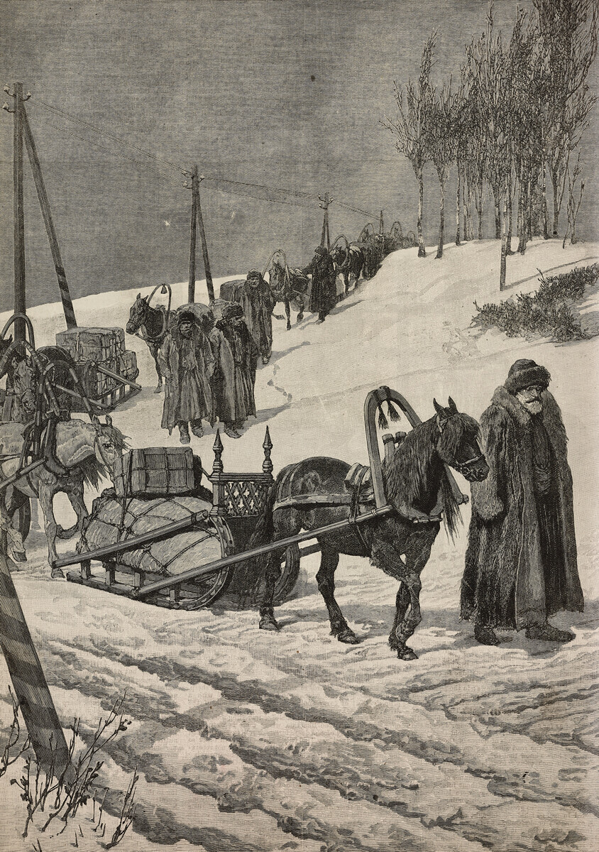 Karavana čaja iz Kine, na poštanskom putu u Sibiru, gravura iz ilustriranih londonskih novina, 1891.