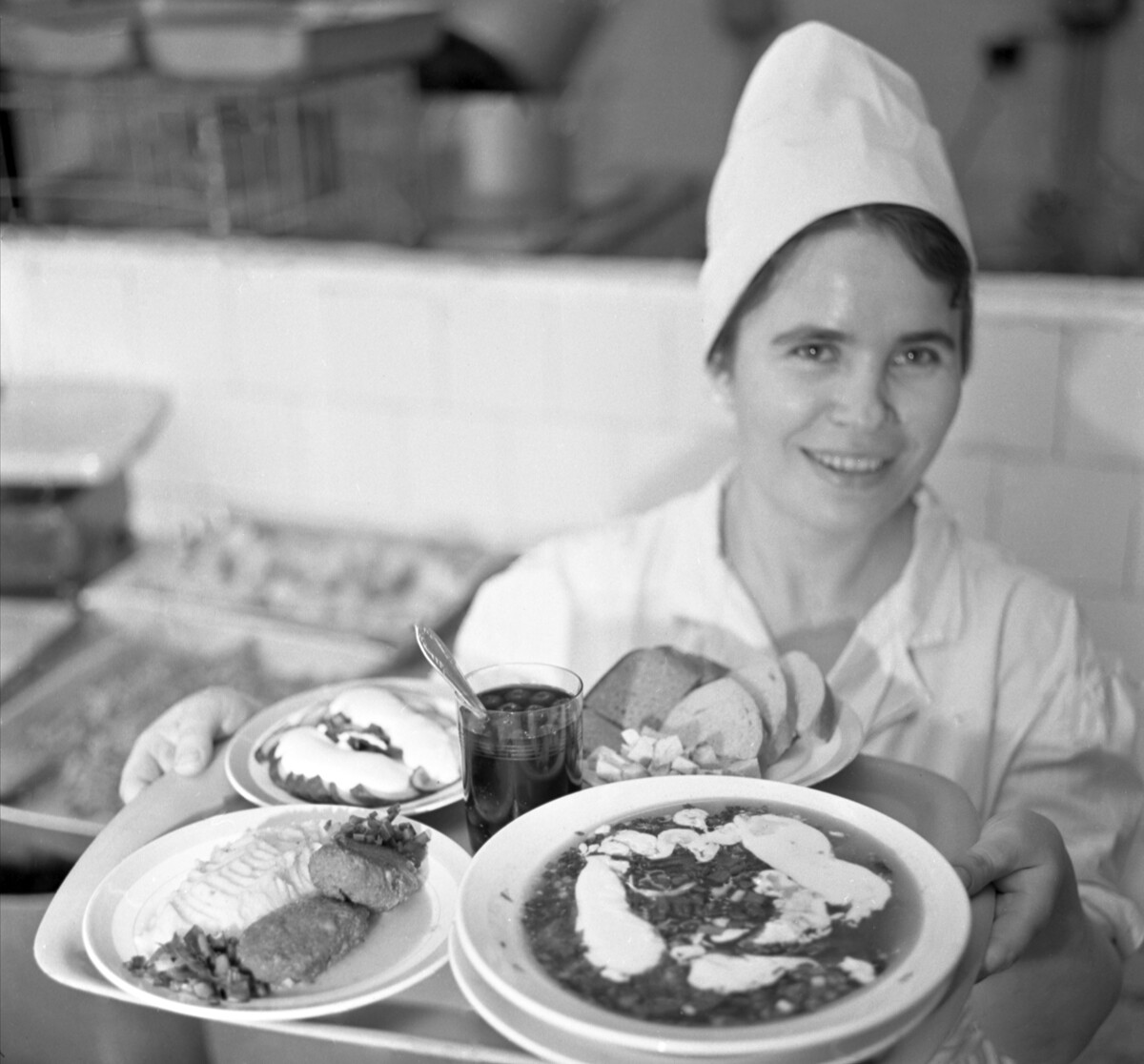 A three course meal in a Soviet canteen at a factory, 1972