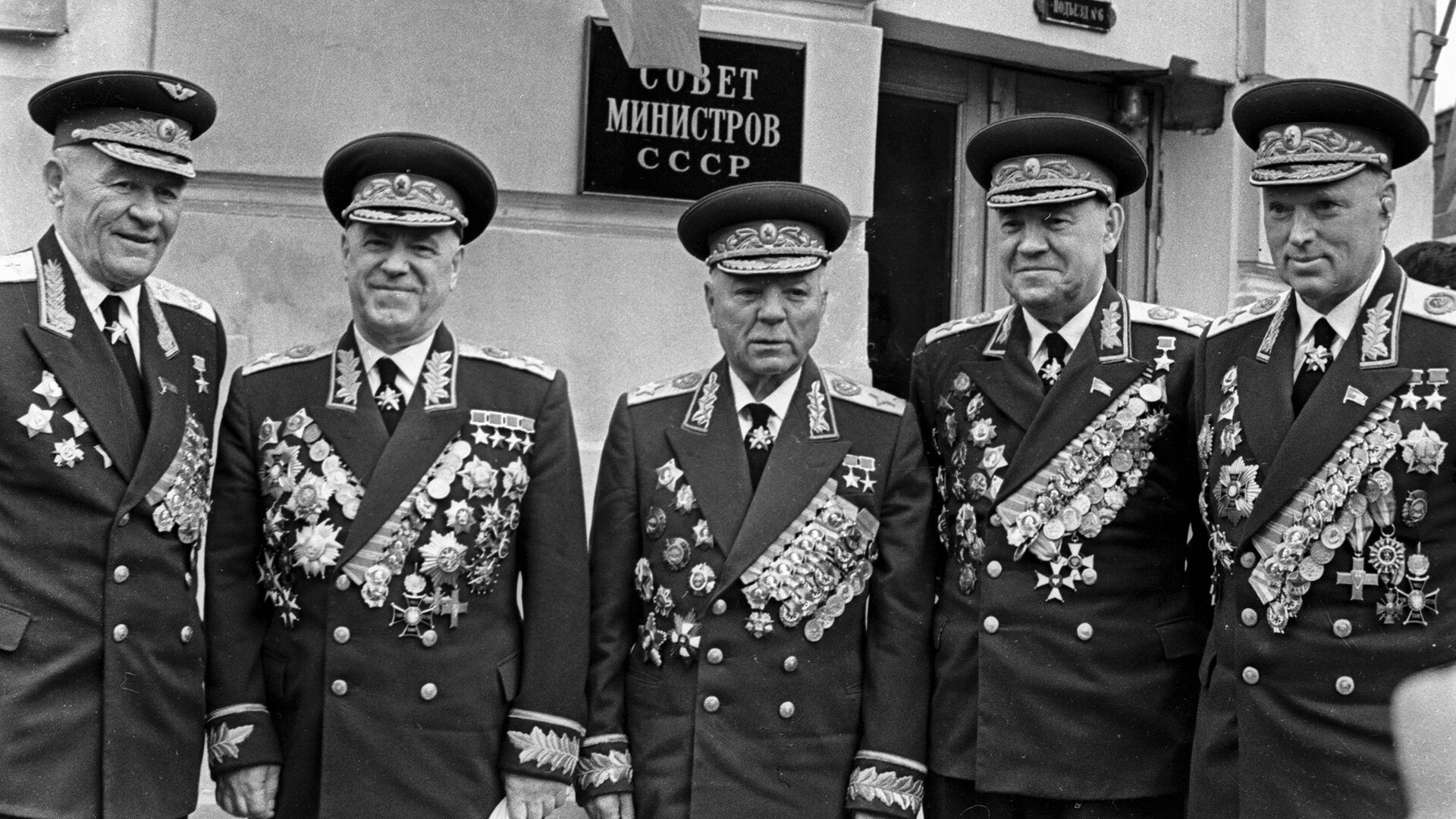 Marshals of the Soviet Union (from right to left) Konstantin Rokossovsky, Matvey Zakharov, Kliment Voroshilov, Georgy Zhukov and Chief Air Forces Marshal Konstantin Vershinin, 1965.