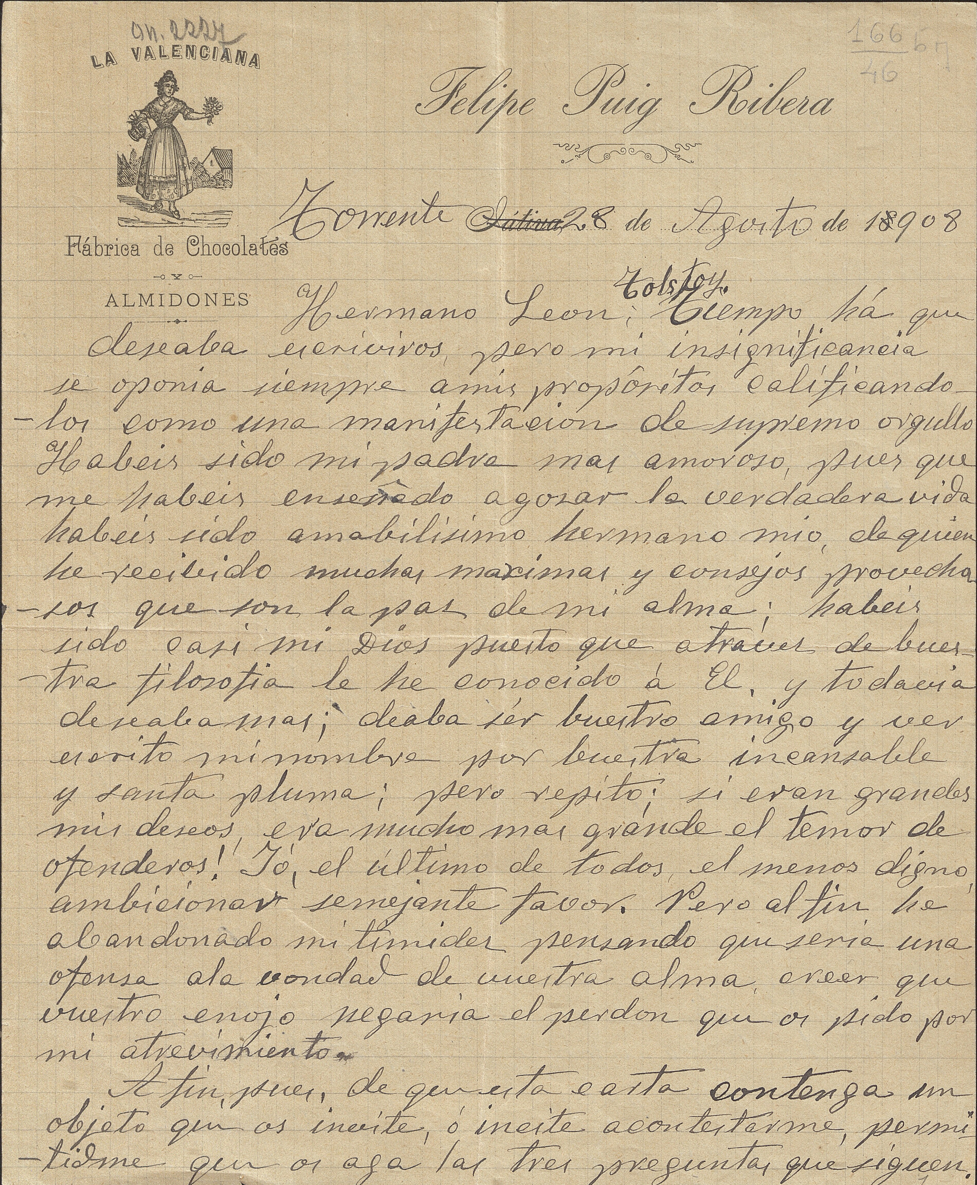 Felipe Puig Ribera. Carta a L.N. Tolstói, el 28 de agosto de 1908. Torrent, Valencia, España.