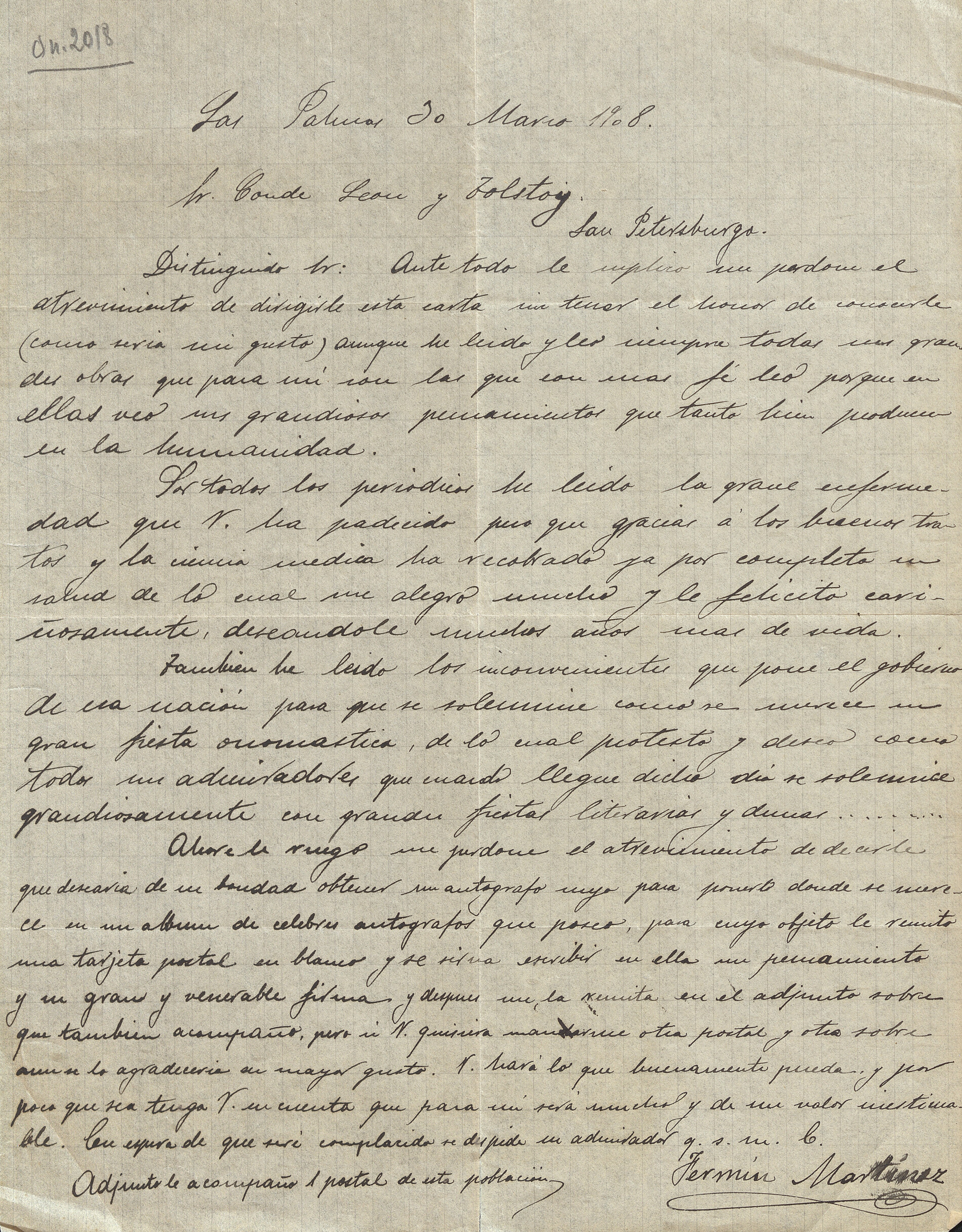 Fermín Martínez. Carta a L.N. Tolstói, el 30 de marzo de 1908. Las Palmas, España.