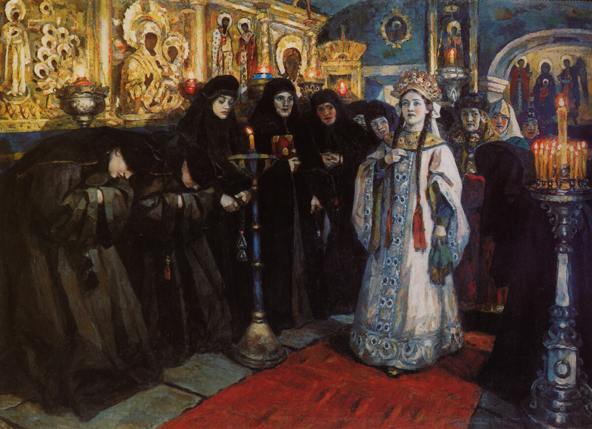 “Una zarevna in visita a un convento”, 1912, dipinto di Vasilij Surikov