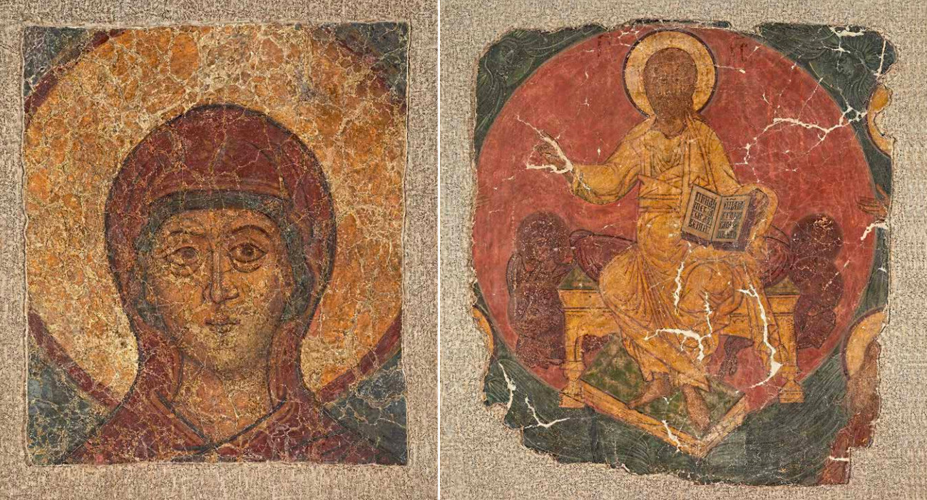 On the left: “The Mother of God”. On the right: “The Savior Enthroned Surrounded by the Hosts of Heaven”.