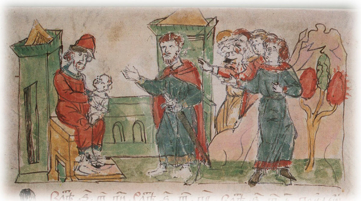 Antes de su muerte Rurik nombra a Oleg tutor de su hijo Igor. Crónica Radzivilovsky, siglo XV