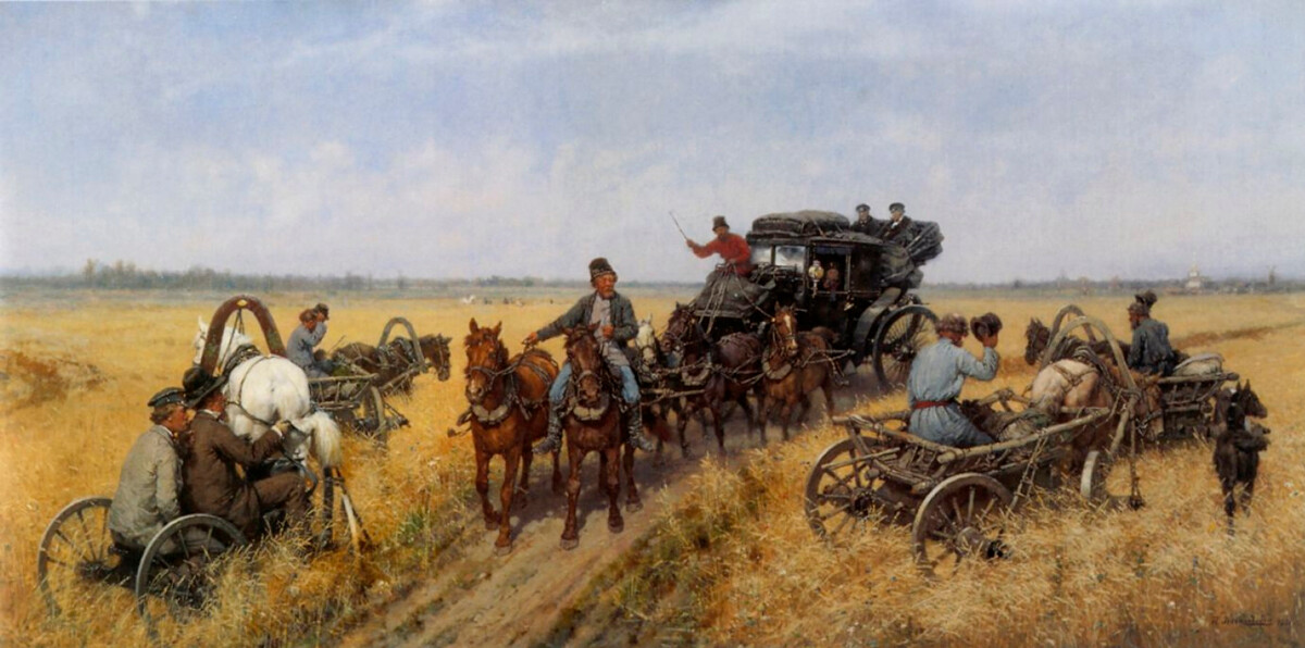 Detour of the Diocese, 1885, Pavel Kovalevsky. The civil servants (seen in the back of the big carriage) are on an inspection detour around one of the regions. Peasants are taking off their hats and make way for the civil servants. 