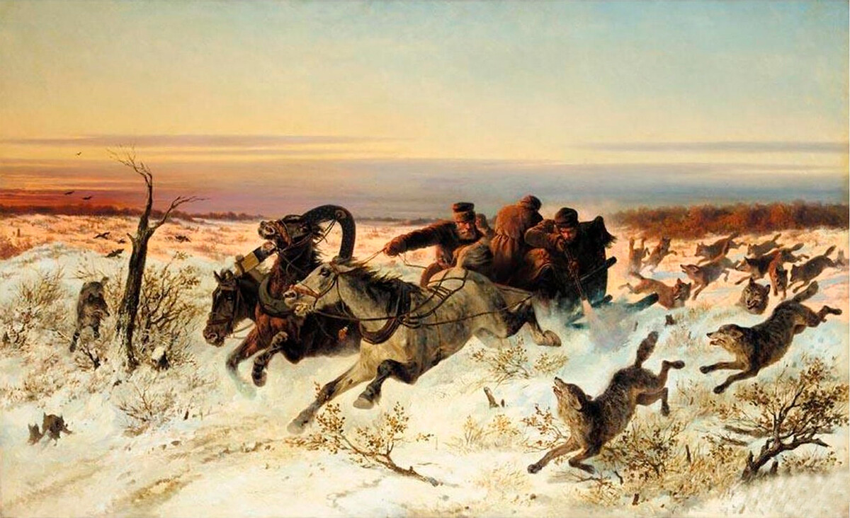 Attack of wolves, 1860, Nikolai Sverchkov