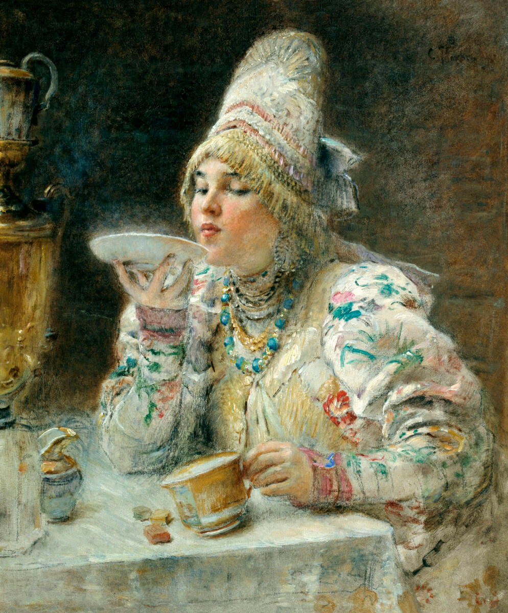 At tea, 1914, Konstantin Makovsky.