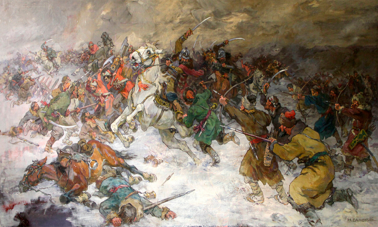 Batalha das forças de Razin contra as tropas do governo no rio Alatir, por Nikolai Samokich, 1936.