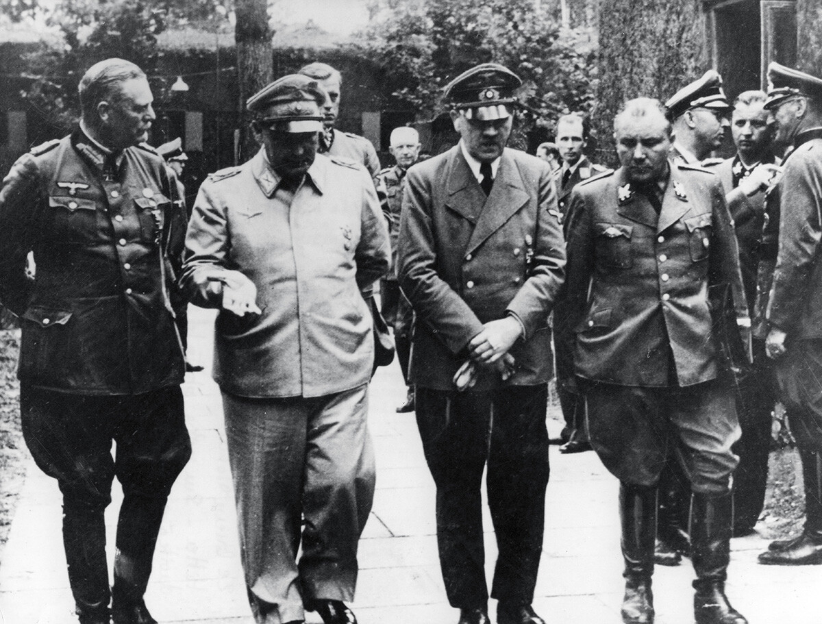 Hitler is pictured flanked by Field Marshal Keitel, Reichsmarschall Hermann Göring and Martin Bormann. The photographer is unknown