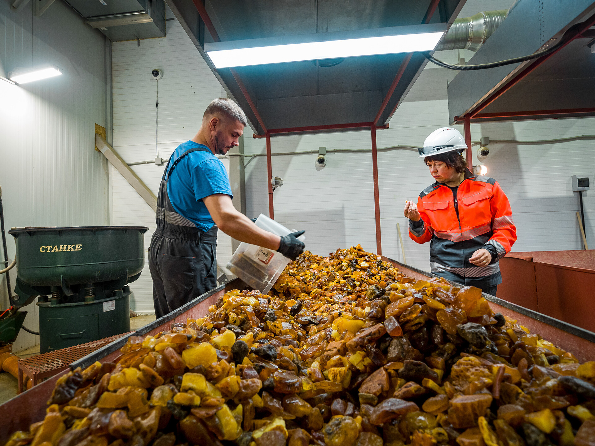 The largest amber stones are manually examined at the processing plant.