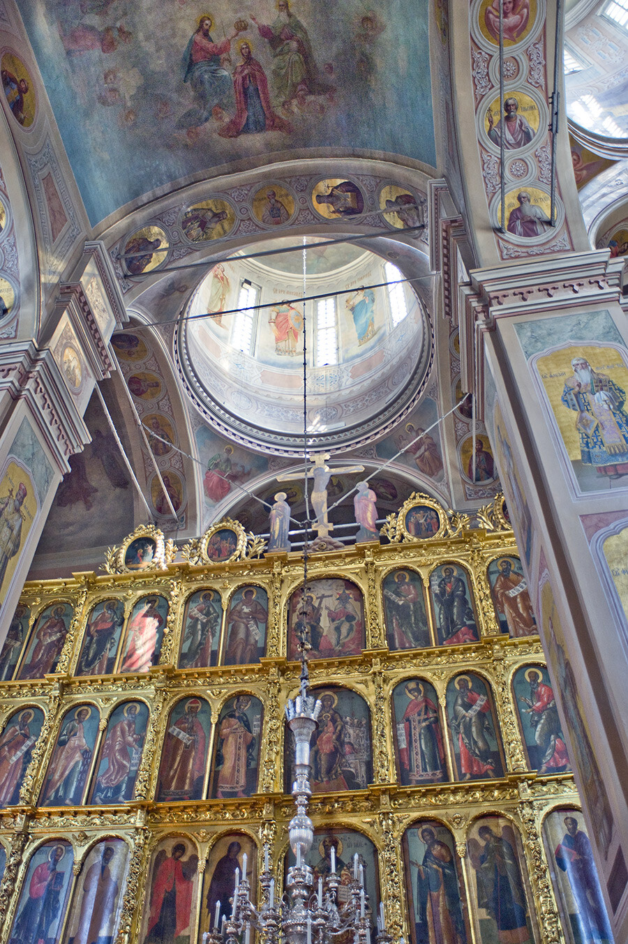 Dormition Cathedral, interior. East view toward icon screen & central dome. 19th-century fresco of Coronation of the Virgin. July 18, 2015