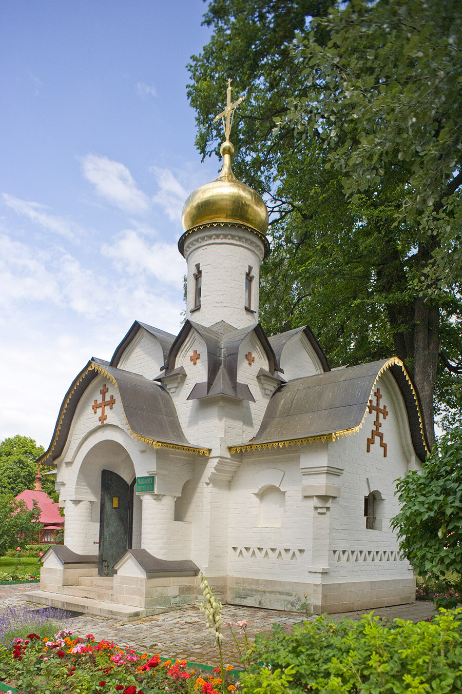 Monastery of Sts. Boris & Gleb, Chapel of Descent of the Holy Spirit. A fine example of Neo-Russian style, built 2004 as monument to 850 years of Dmitrov. Southwest view. July 18, 2015