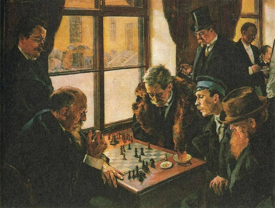 “Una partita a scacchi”, dipinto del 1909 ambientato al Caffè Dominique del pittore finno-russo Hugo Emil Elias Backmansson (1860—1953)