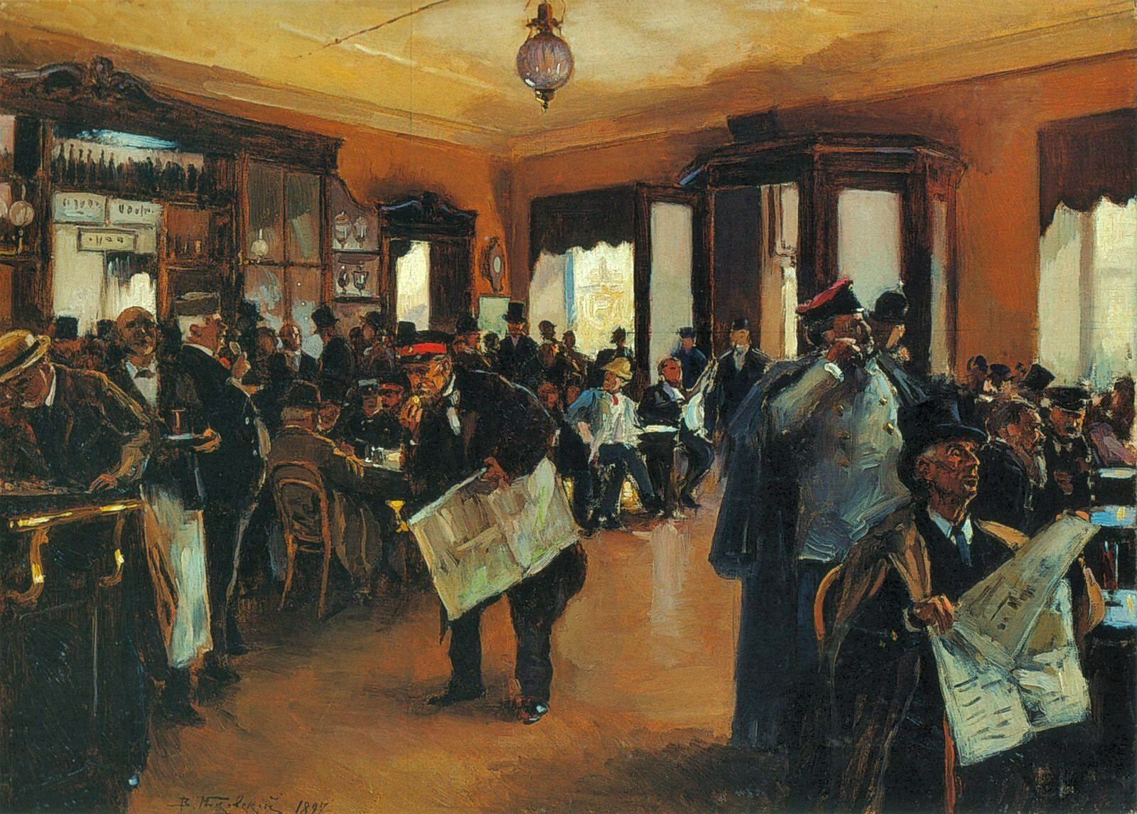 “Al caffè Dominique di San Pietroburgo”, dipinto del 1897 del pittore Vladimir Makovskij