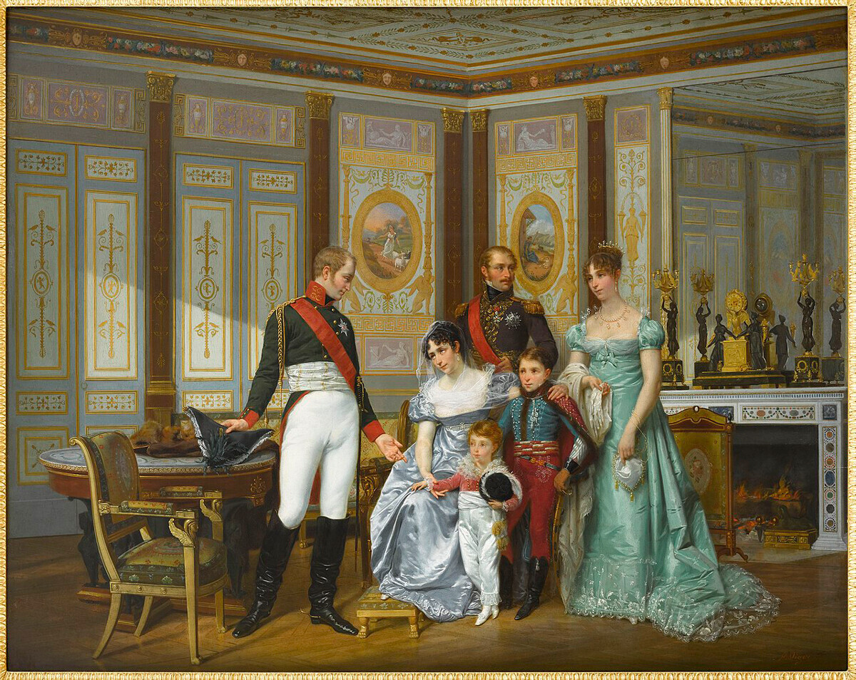 Hector Vigée. A imperatriz Josefina recebe o imperador Alexandre em Malmaison e apresenta-lhe os seus filhos.