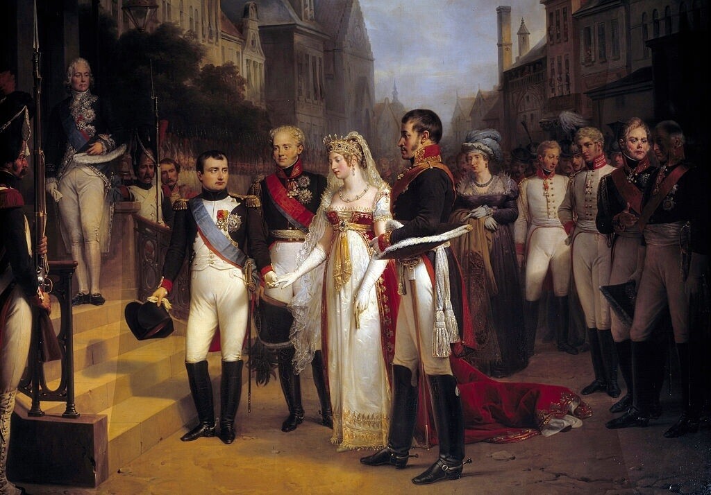 Nicolas Gosse. Napoleão Bonaparte recebe a Rainha da Prússia em Tilsit, 6 de julho de 1807 (Alexandre 1º é retratado à direita de Napoleão).
