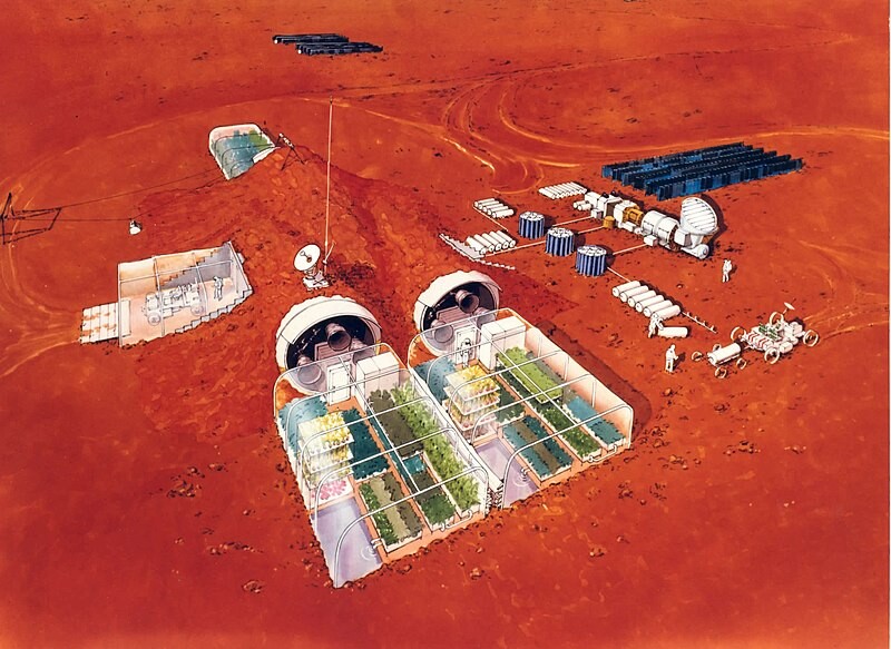 Concepto artístico de viviendas marcianas cubiertas de tierra para proteger a la tripulación de la radiación solar.