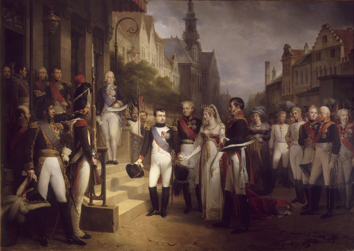 Napoleón recibe a la reina de Prusia en Tilsit, 6 de julio de 1807, Nicolas Gosse (Alejandro I está representado a la derecha de Napoleón).