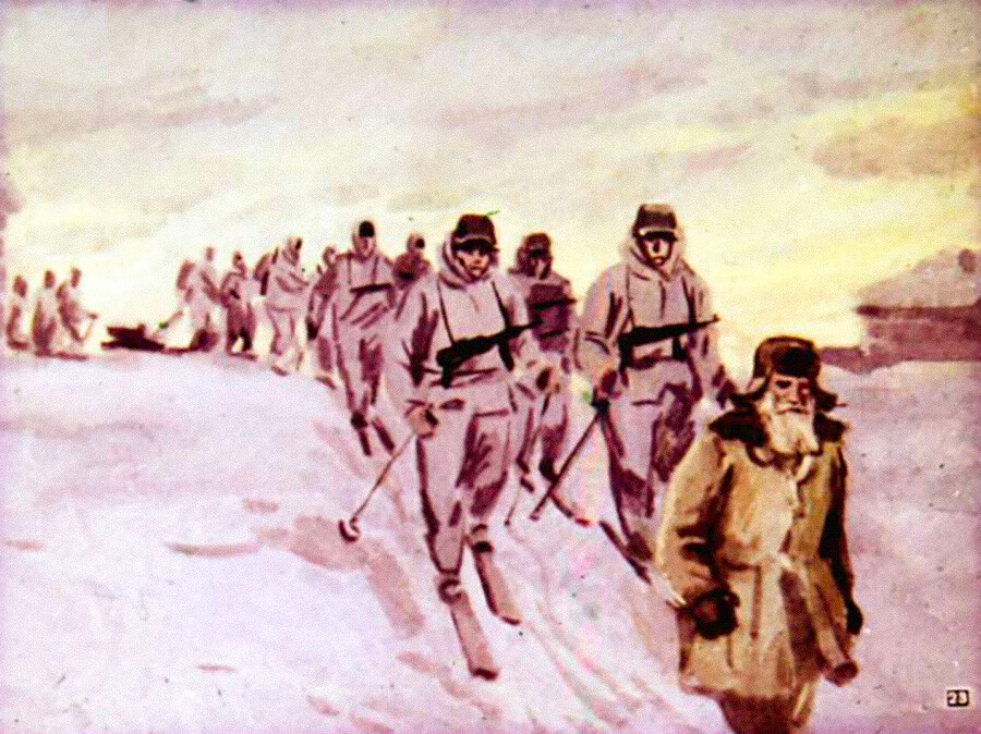 Matvey Kuzmin leading the German ski battalion straight into the Soviet ambush, illustration