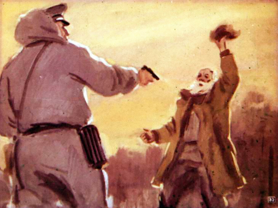 German officer kills Matvey Kuzmin, illustration