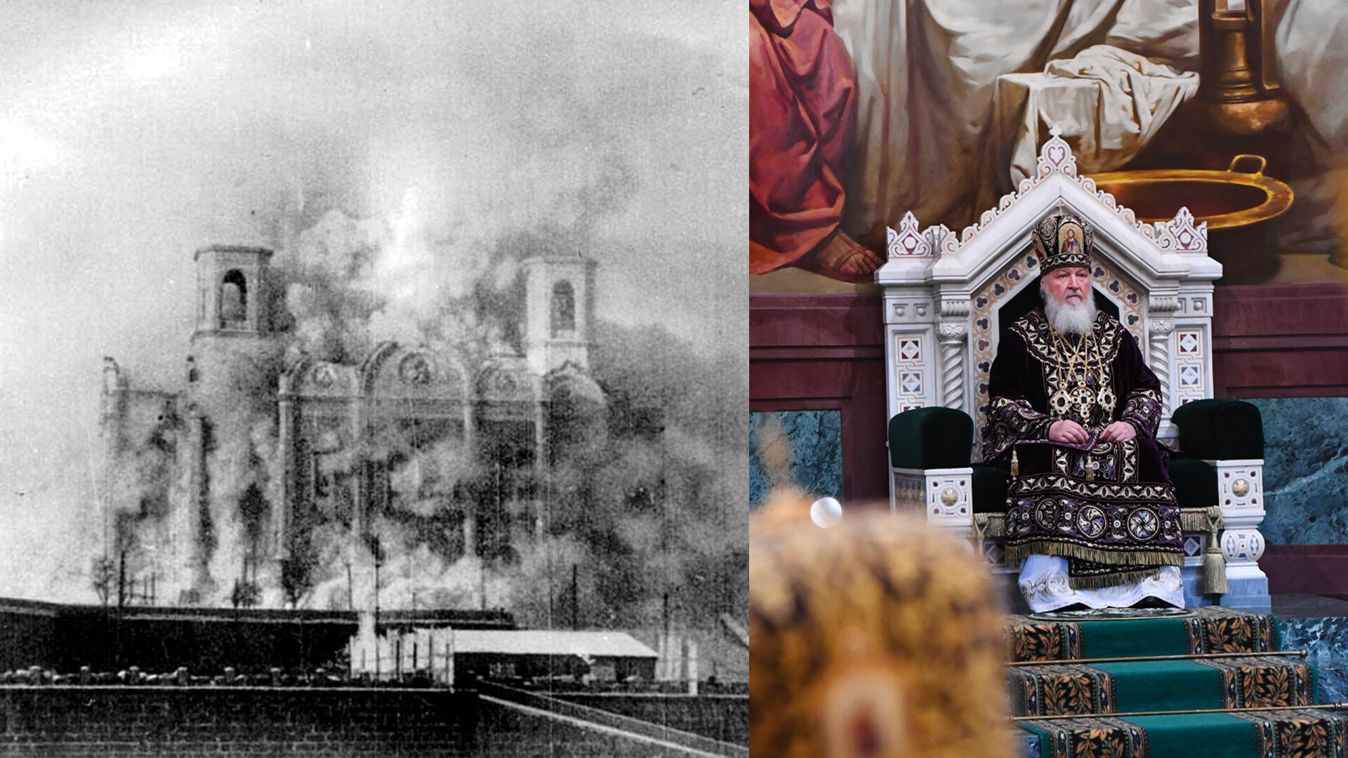 Dynamitage de la cathédrale du Christ-Sauveur ; le patriarche Cyrille célébrant un service