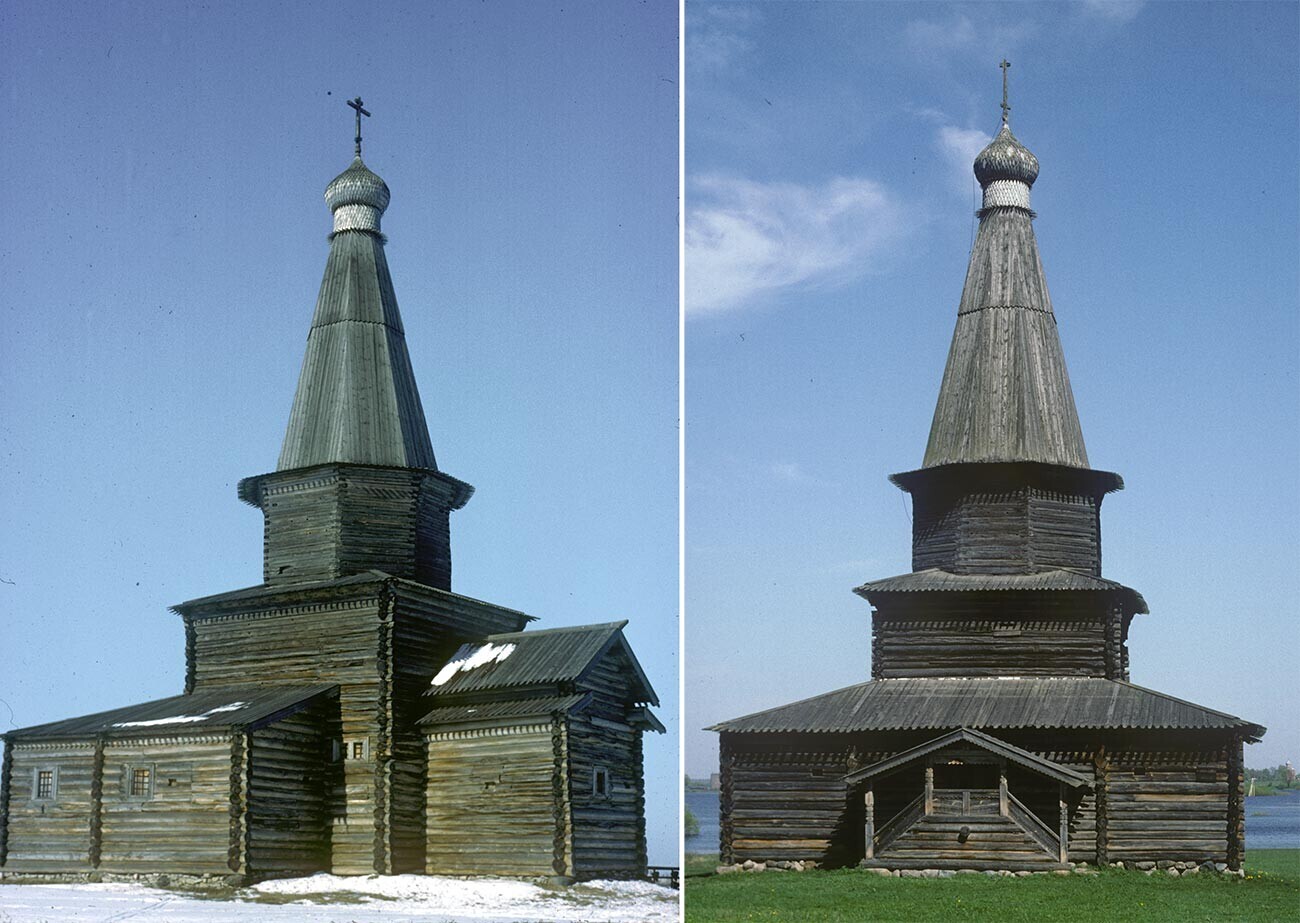 Vitoslavlitsa. Gereja Asumsi Perawan, dari desa Kuritsko. Pemandangan bagian Tenggara (14 Maret 1980) dan barat (19 Mei 1995).