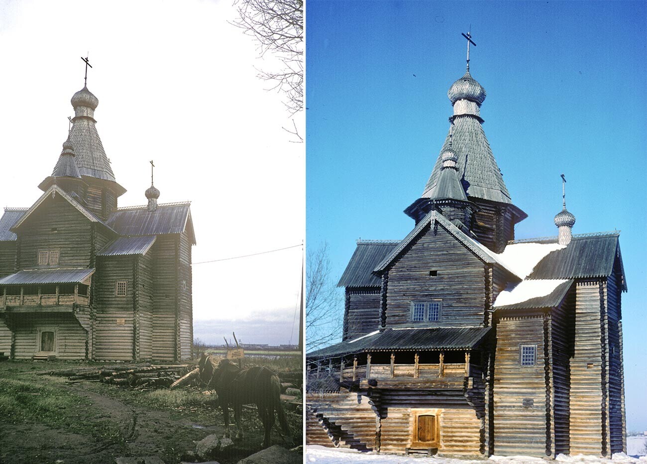 Vitoslavlitsa. Gereja Kelahiran Perawan, dari desa Peredki. Kiri: Pemandangan Tenggara.penggantian kayu gelondongan dengan warna lebih terang (21 Oktober 1971). Kanan: Pemandangan Selatan. Kayu gelondongan yang diganti masih terlihat warnanya lebih terang (14 Maret 1980).