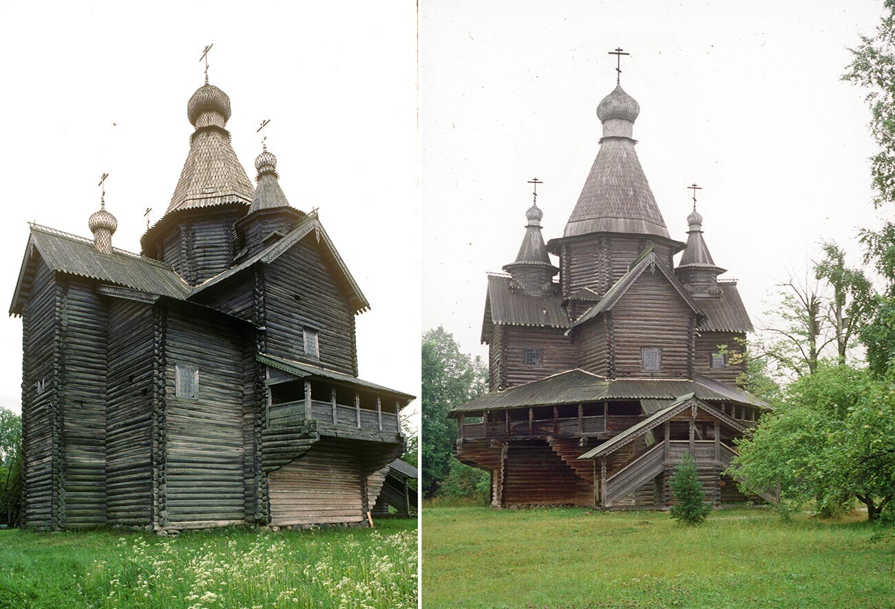 Vitoslavlitsy. Gereja Kelahiran Perawan, dari desa Peredki. Tampak timur laut dengan apse (di sebelah kiri) yang berisi altar utama (5 Juni 1993) dan tampak barat (11 Agustus 1994).