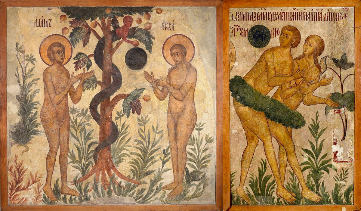 Affreschi del monastero. A sinistra: “La caduta”; a destra: “La cacciata dal Paradiso”