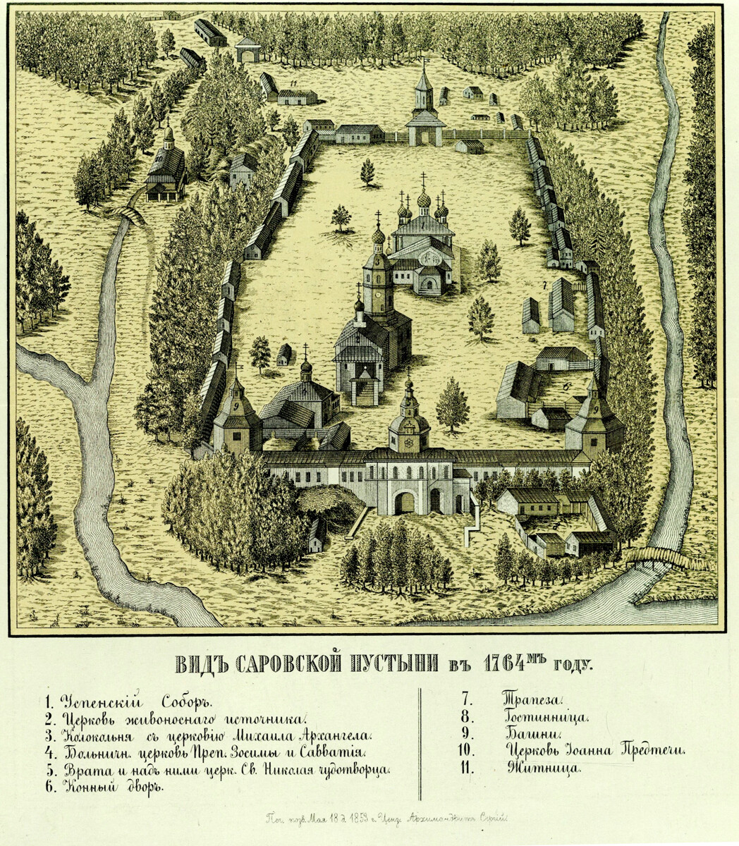 Sarov. Vista general del monasterio en la antigüedad (en torno a 1764). Mapa.