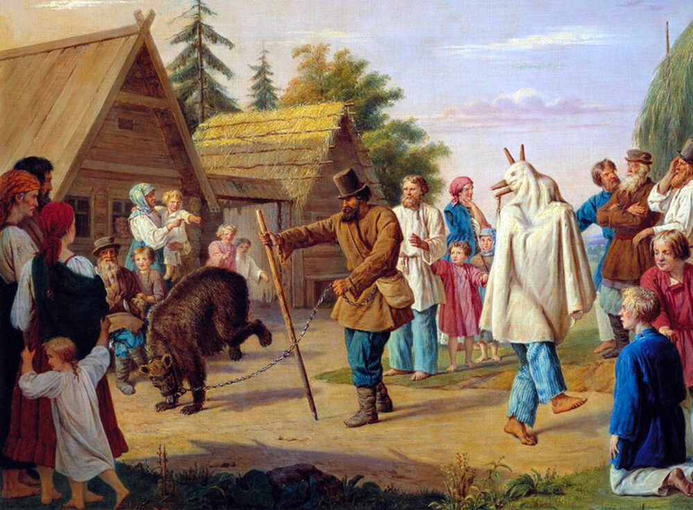 Skomorokhs in a village. Author: François Nicholas Riss.