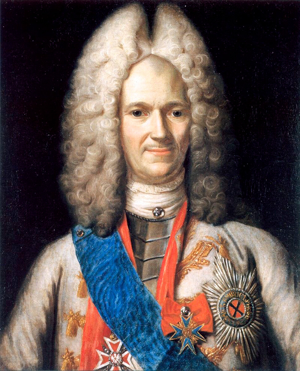 Prince Alexander Menshikov (1673-1729) wore a grandiose wig and shaved his head, which is clearly visible in this portrait