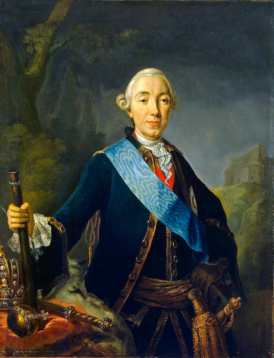 Peter III of Russia, 1761. In this portrait, Peter wears his own hair powdered white