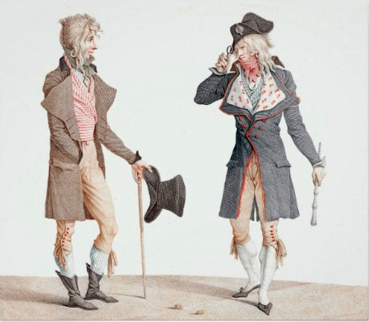 Les incroyables, estampe, 1796, C. Vernet. Both of the 'incredibles' (incroyables) are wearing a 