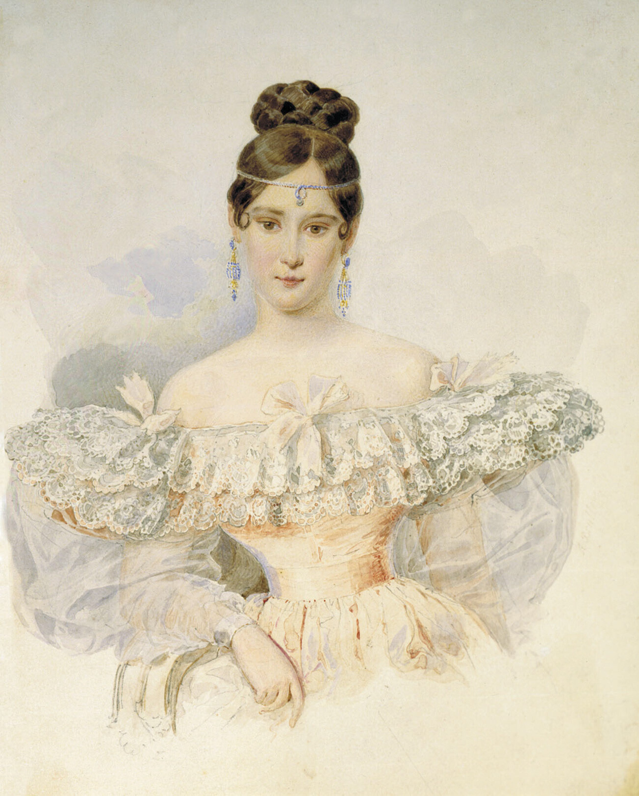 Retrato de Natalia Nikolaevna Púchkina-Lanskaia (nascida Gontcharova), por Aleksandr Briullov, 1831—1832. 

