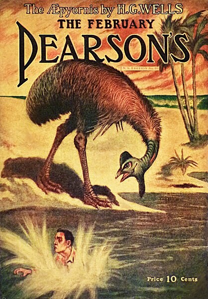 Portada de un relato corto de H.G Wells mostrando el supuesto aspecto de un ave elefante de Madagascar