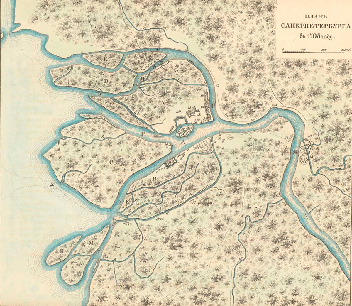 Denah Sankt Peterburg pada 1705. Rekonstruksi sejarah tahun 1850-an.