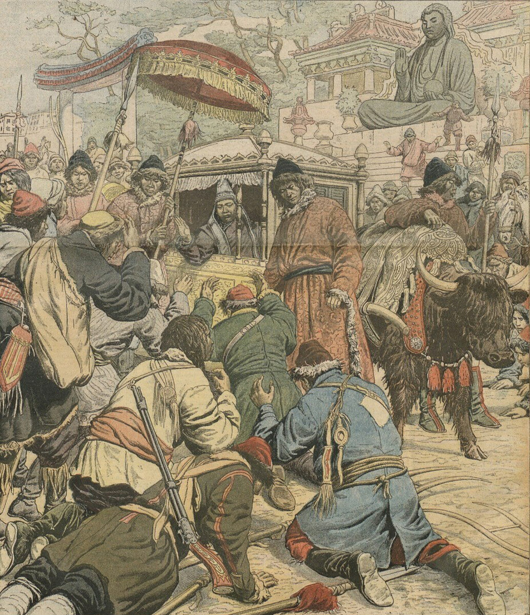 Ilustração da fuga de Thubten Gyatso, o 13º Dalai Lama, da invasão britânica.